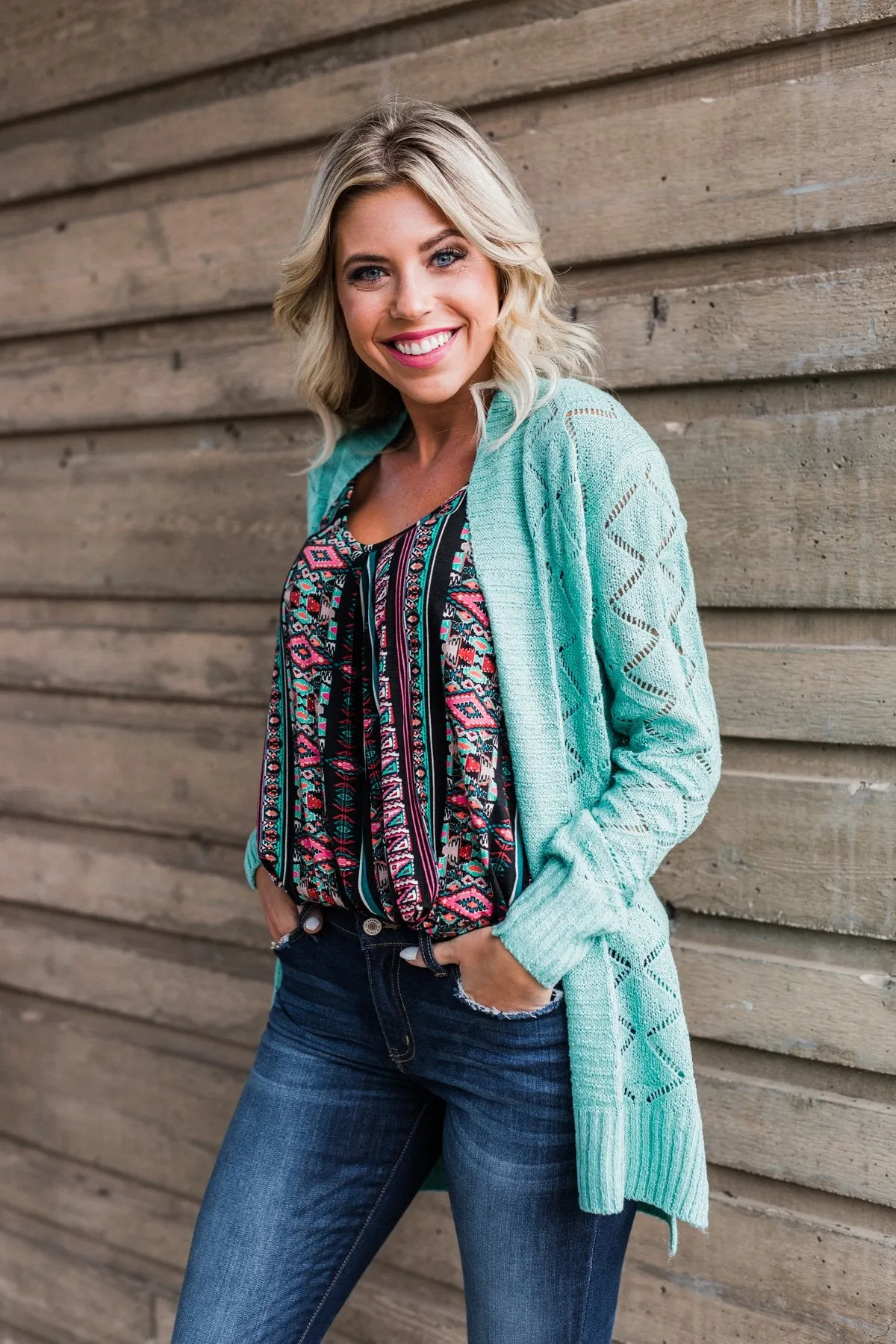Knit Pointelle Cardigan - Teal
