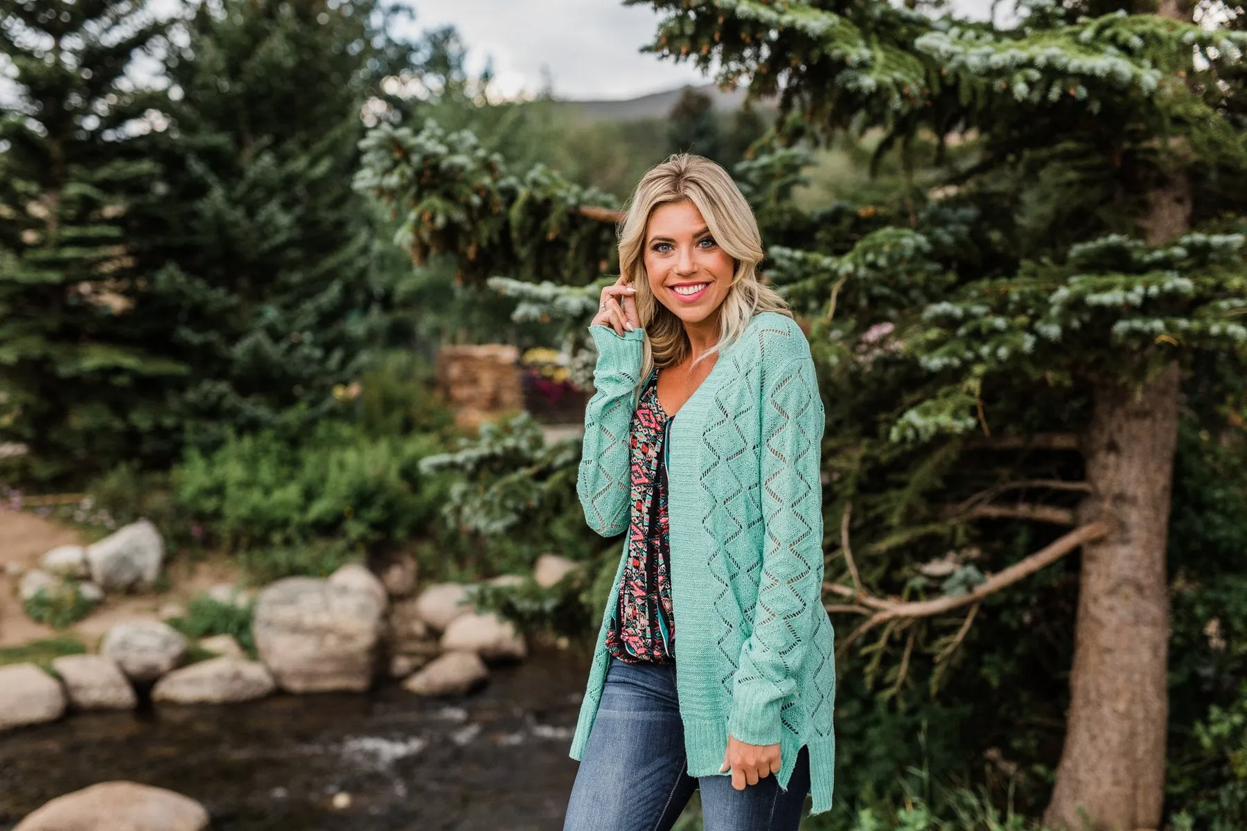 Knit Pointelle Cardigan - Teal