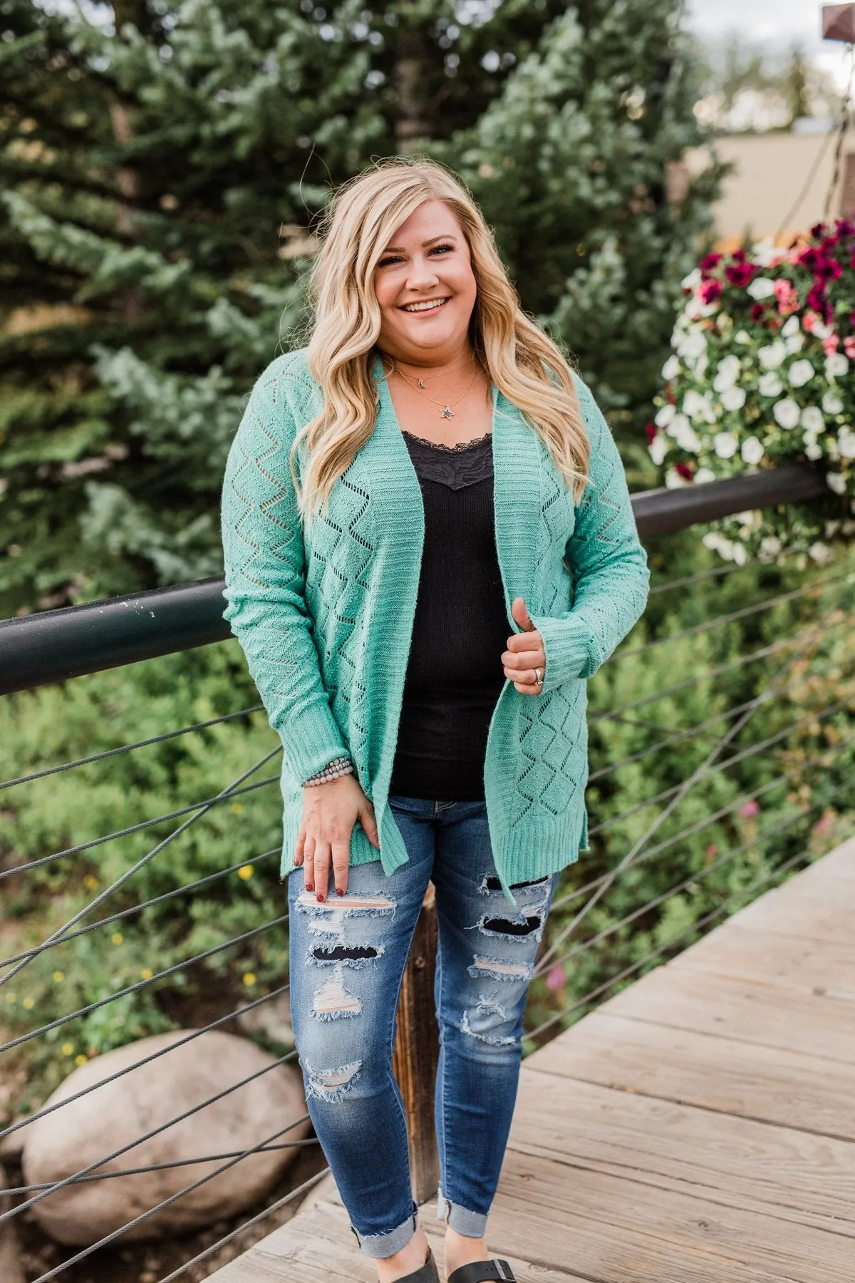 Knit Pointelle Cardigan - Teal