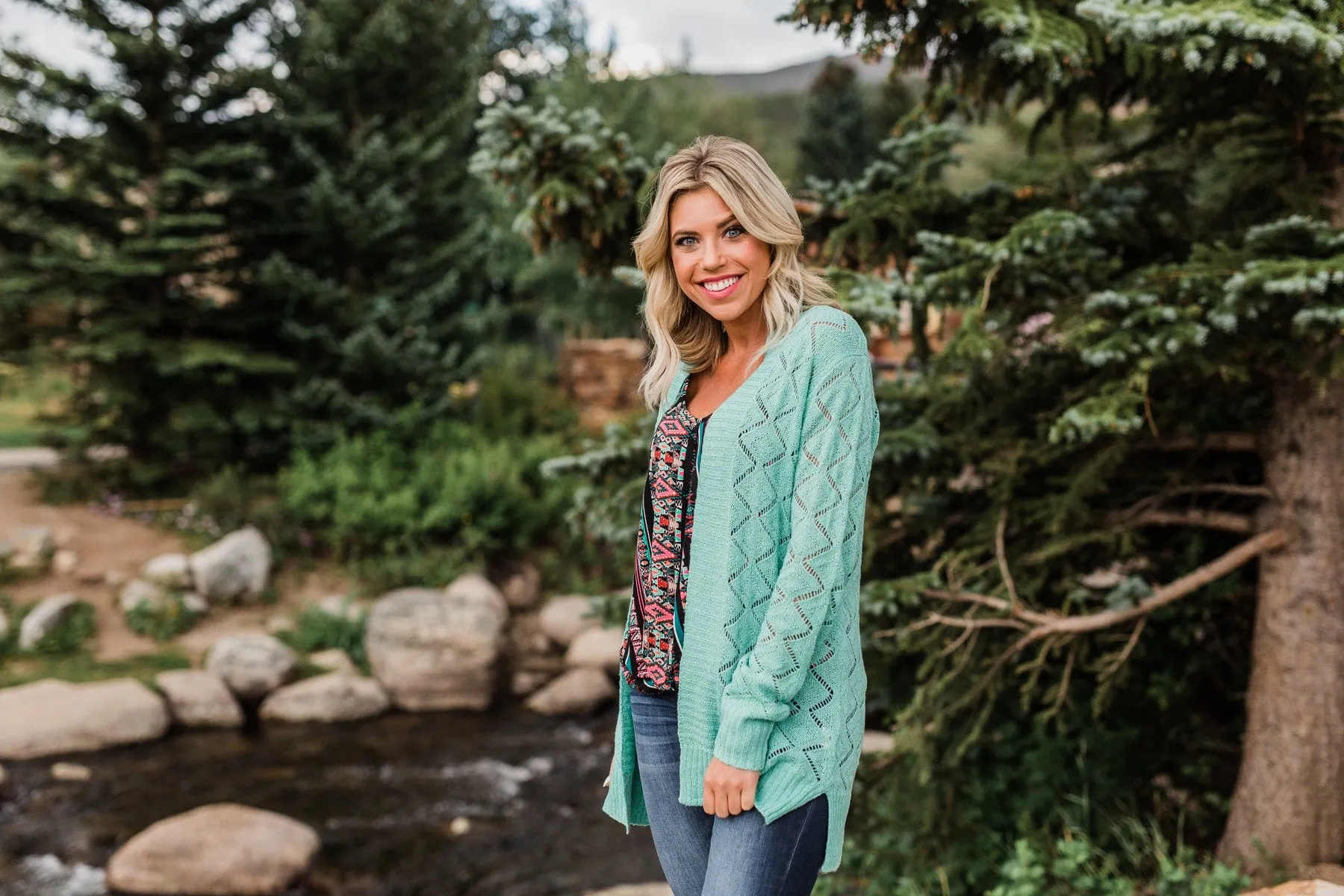 Knit Pointelle Cardigan - Teal