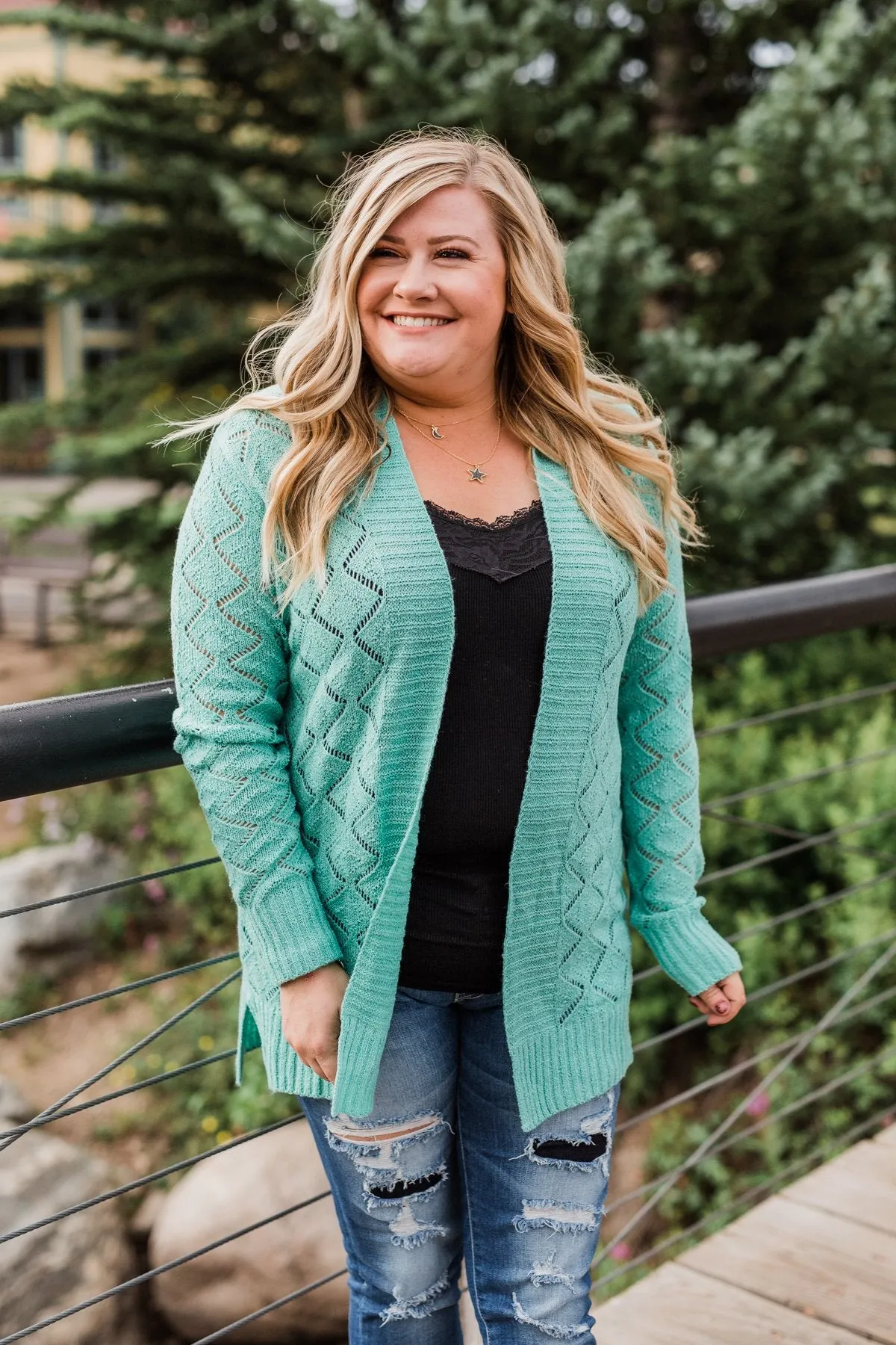 Knit Pointelle Cardigan - Teal