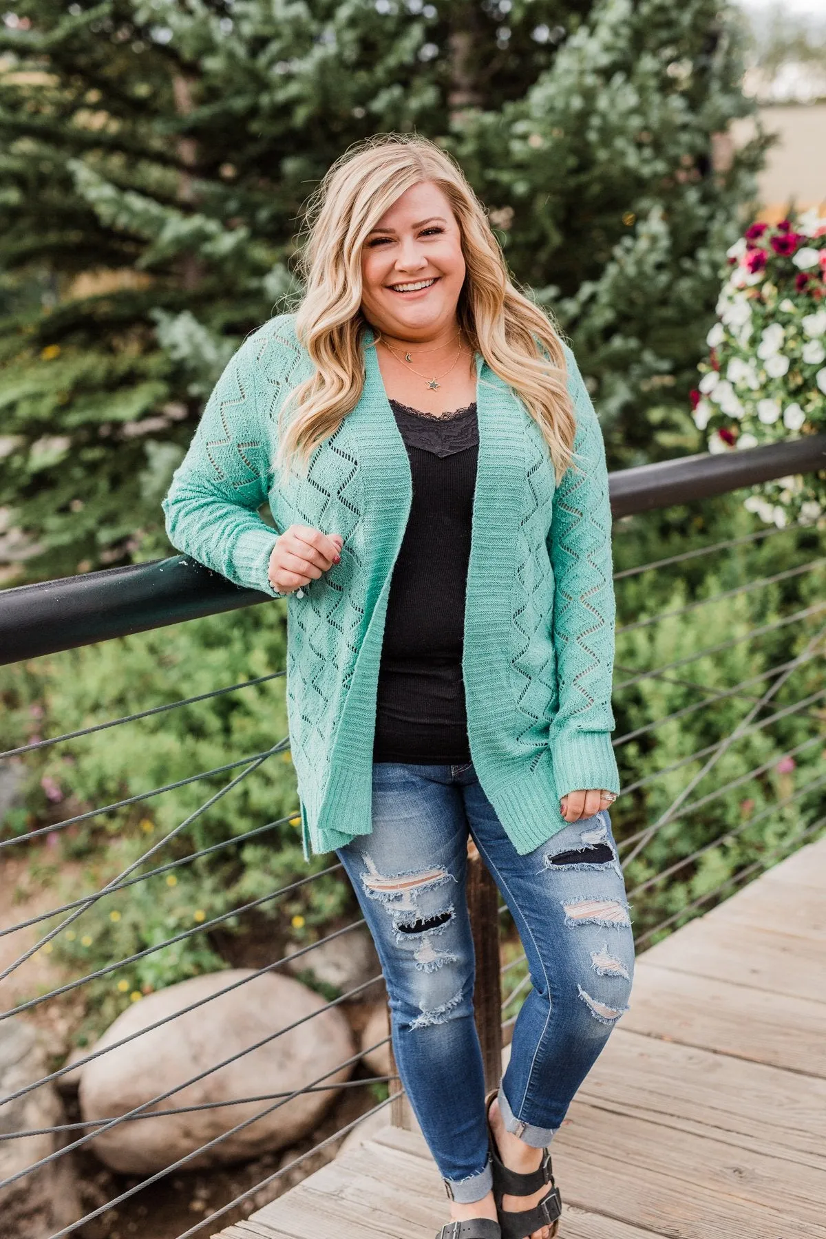 Knit Pointelle Cardigan - Teal