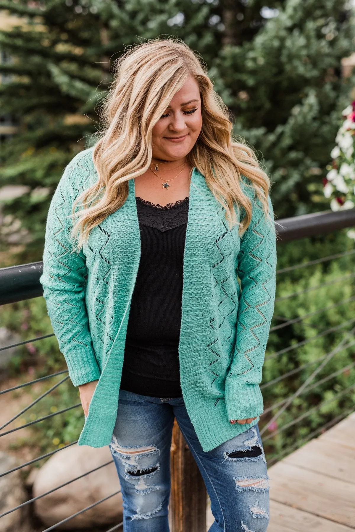 Knit Pointelle Cardigan - Teal