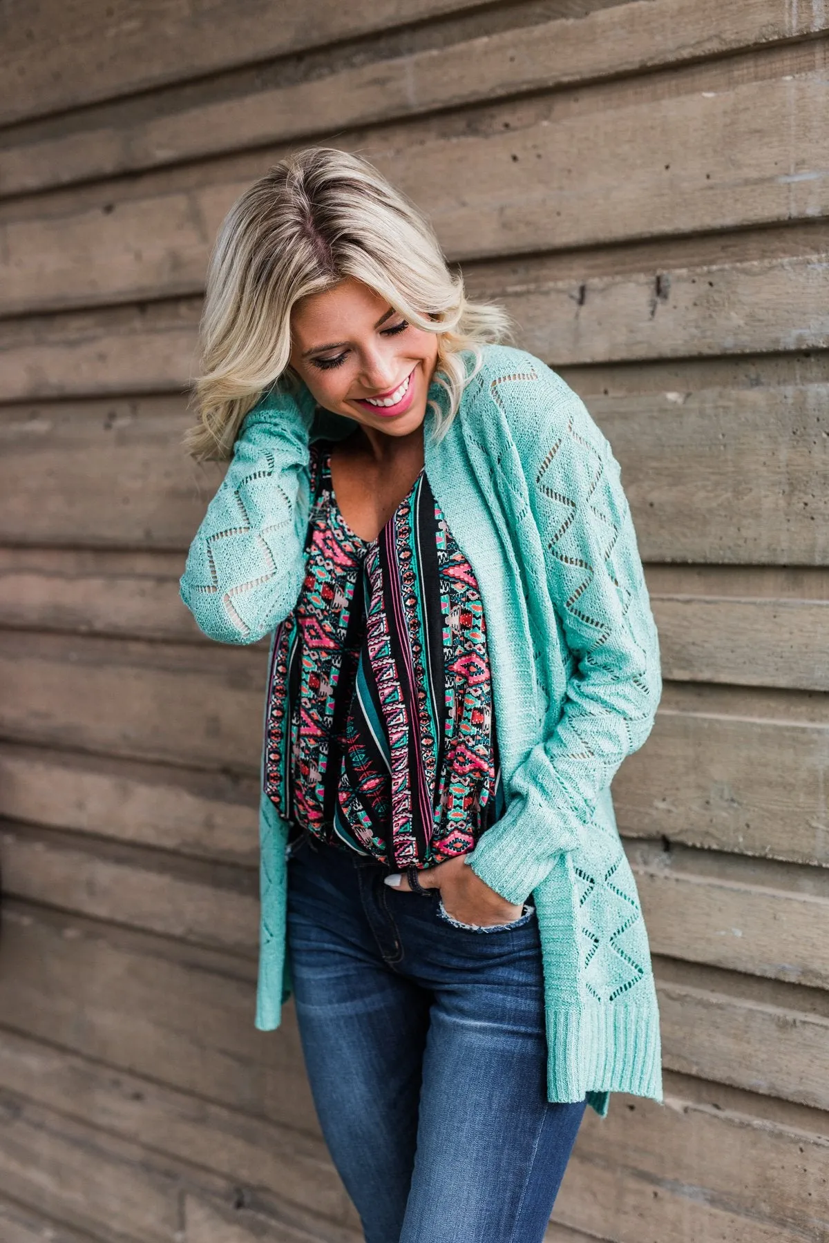 Knit Pointelle Cardigan - Teal