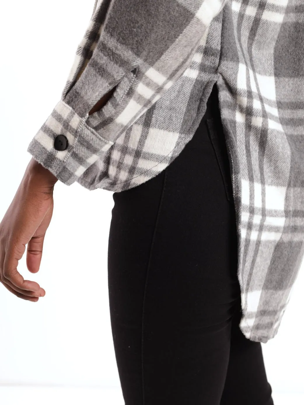 Ladies Check Shacket - Grey/Cream