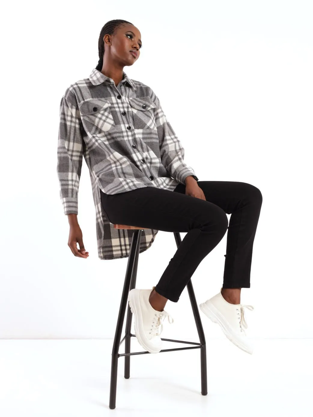 Ladies Check Shacket - Grey/Cream