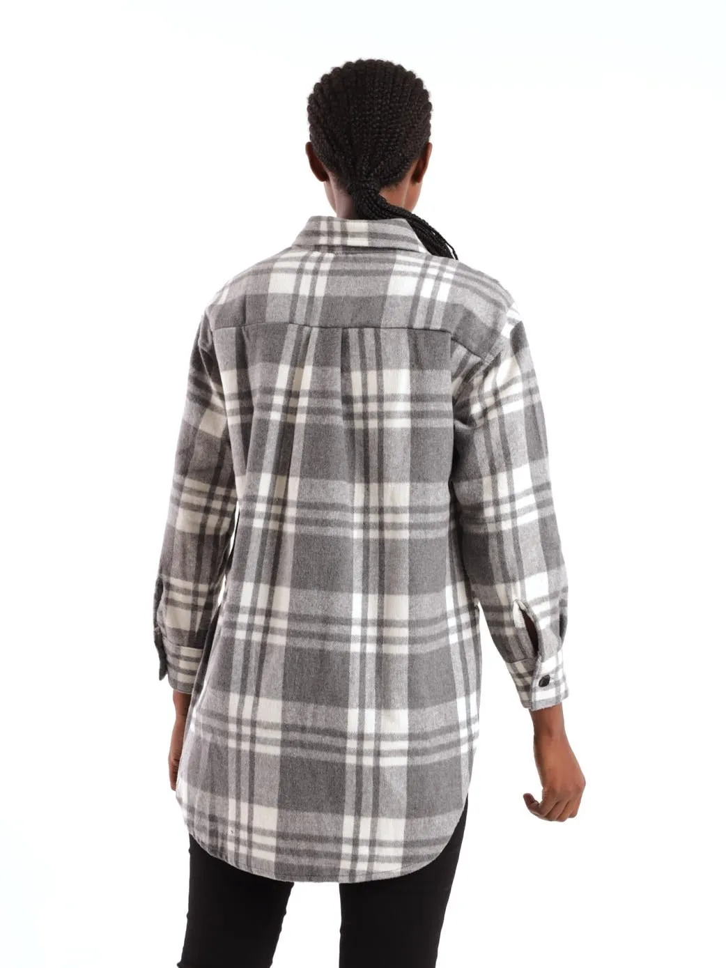 Ladies Check Shacket - Grey/Cream