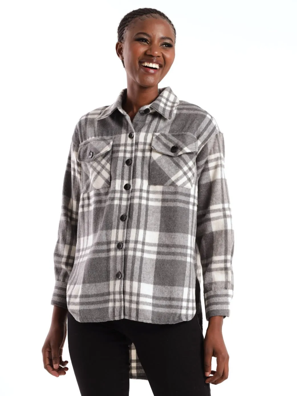 Ladies Check Shacket - Grey/Cream