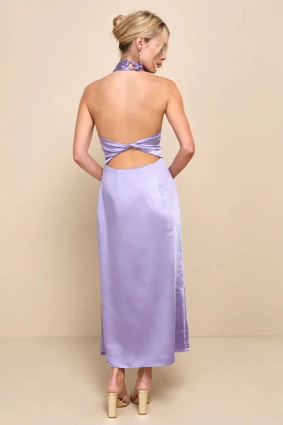 Lavender Satin Halter Slip Midi Dress