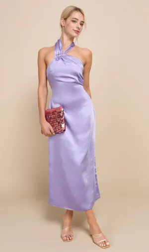 Lavender Satin Halter Slip Midi Dress