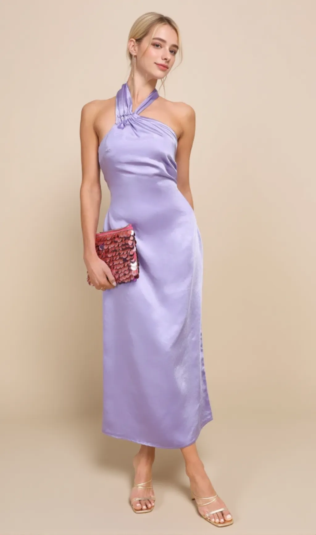 Lavender Satin Halter Slip Midi Dress