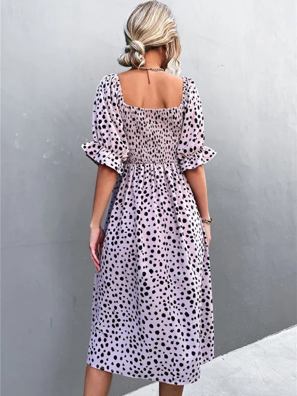 Leopard Print Midi Dress with Smocked Bodice and Puff Sleeves