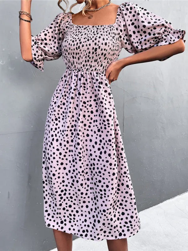 Leopard Print Midi Dress with Smocked Bodice and Puff Sleeves