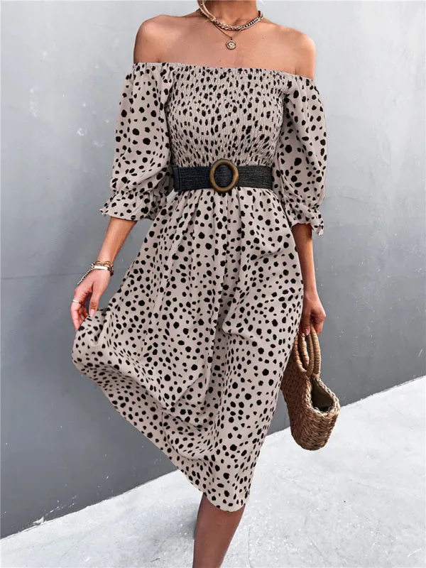 Leopard Print Midi Dress with Smocked Bodice and Puff Sleeves