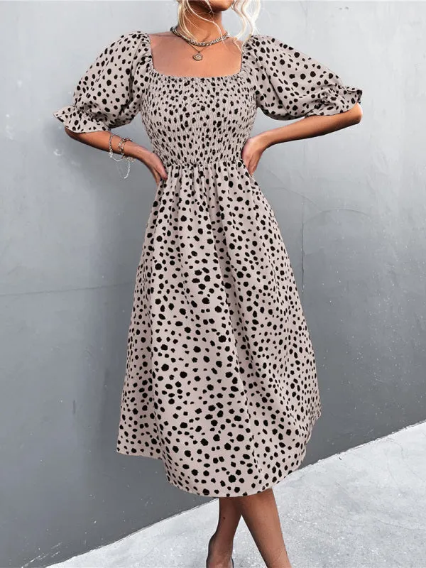 Leopard Print Midi Dress with Smocked Bodice and Puff Sleeves