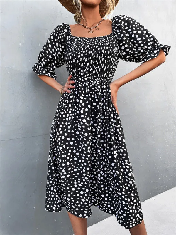 Leopard Print Midi Dress with Smocked Bodice and Puff Sleeves