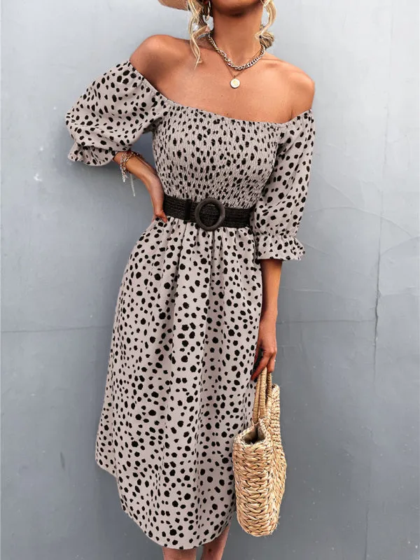 Leopard Print Midi Dress with Smocked Bodice and Puff Sleeves