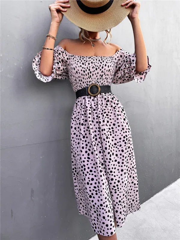 Leopard Print Midi Dress with Smocked Bodice and Puff Sleeves