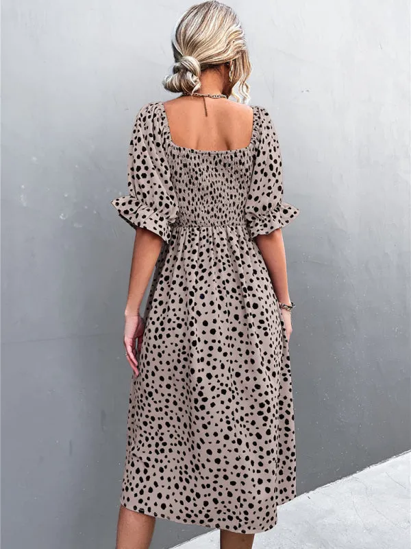 Leopard Print Midi Dress with Smocked Bodice and Puff Sleeves