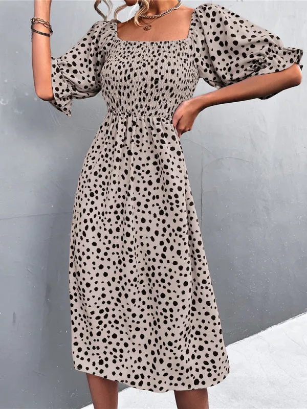 Leopard Print Midi Dress with Smocked Bodice and Puff Sleeves