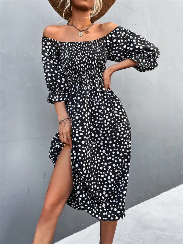 Leopard Print Midi Dress with Smocked Bodice and Puff Sleeves