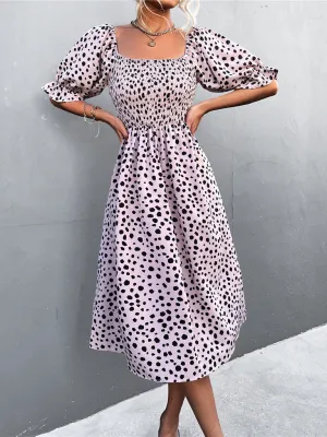 Leopard Print Midi Dress with Smocked Bodice and Puff Sleeves