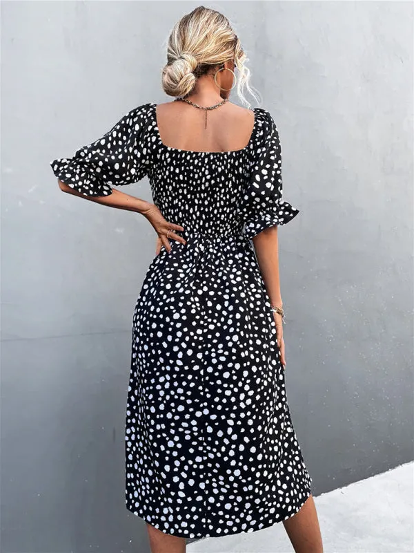 Leopard Print Midi Dress with Smocked Bodice and Puff Sleeves