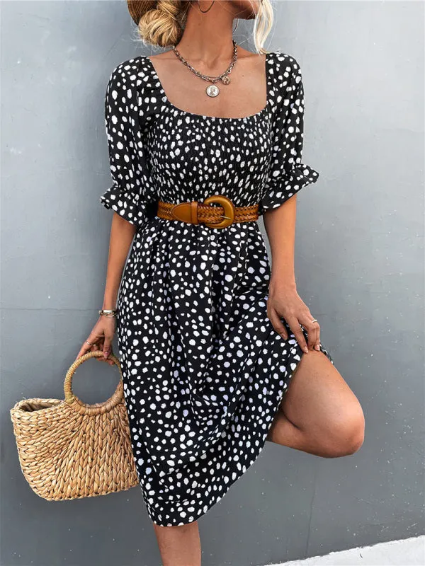 Leopard Print Midi Dress with Smocked Bodice and Puff Sleeves
