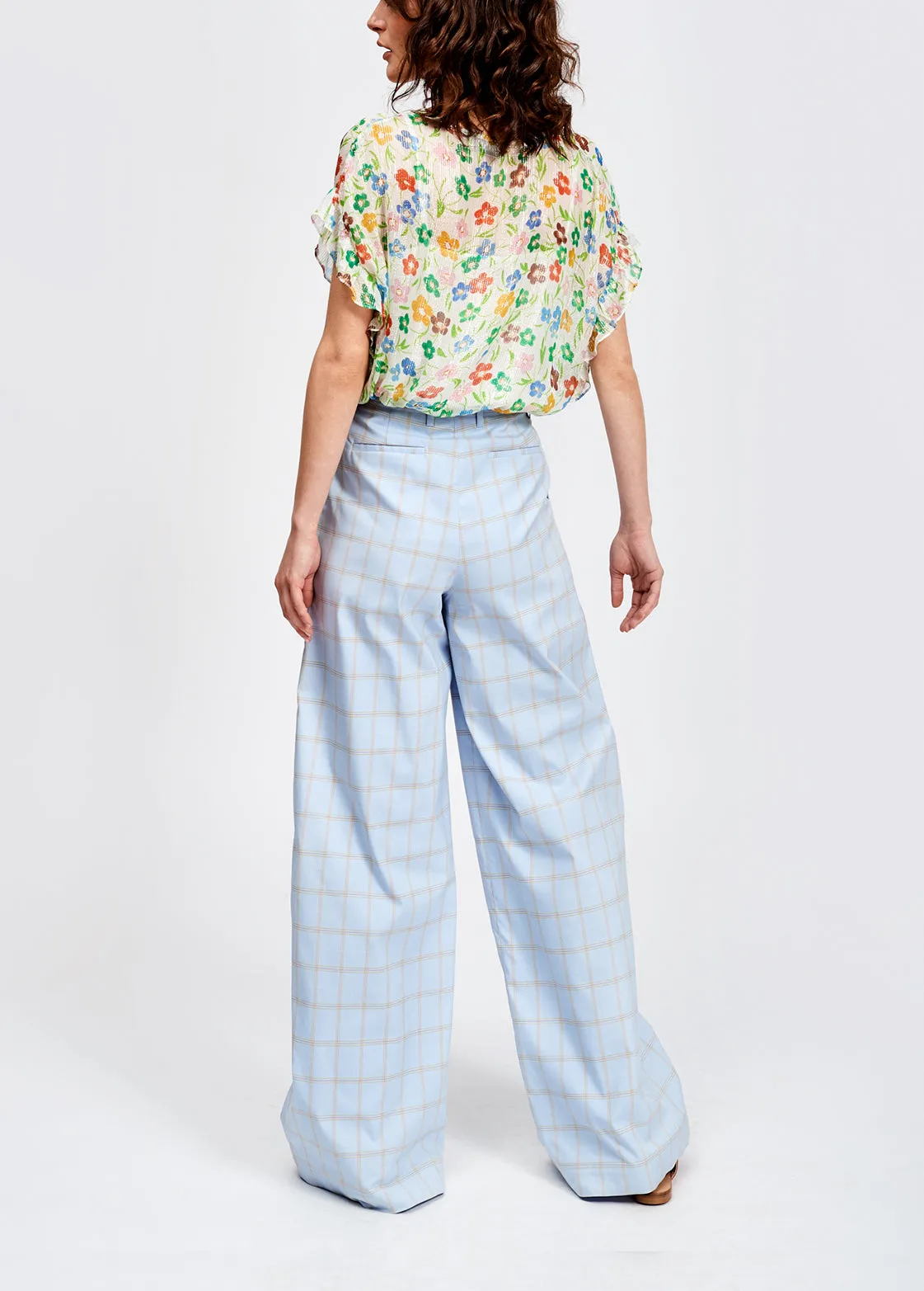 Light blue plaid wide leg trousers