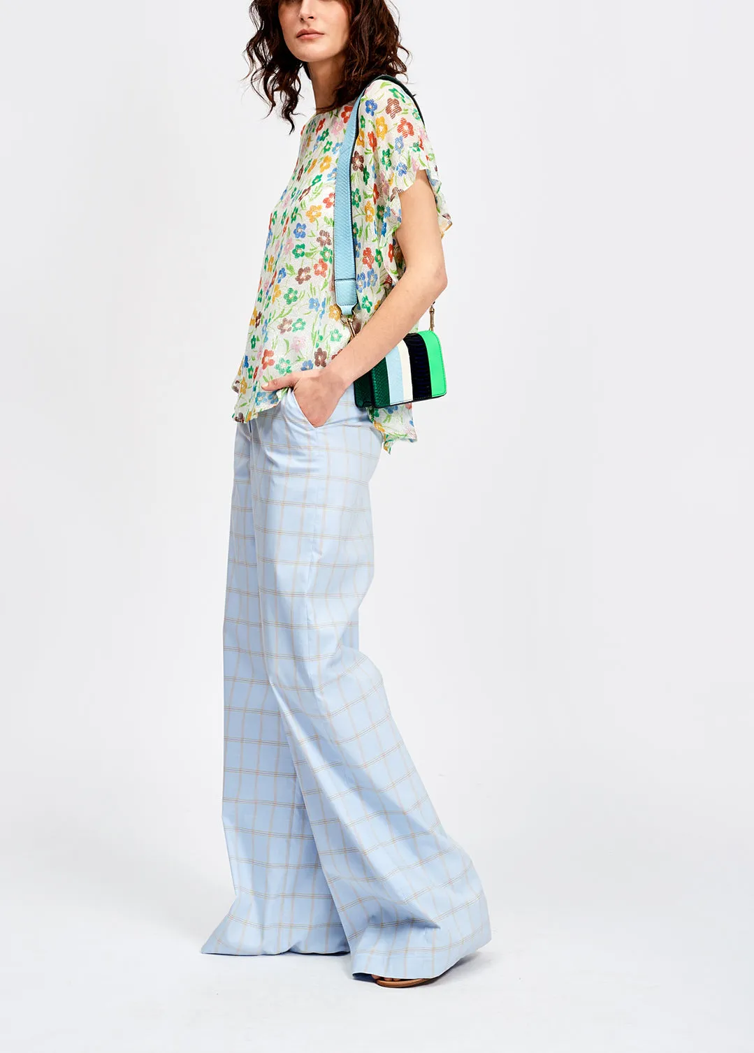 Light blue plaid wide leg trousers