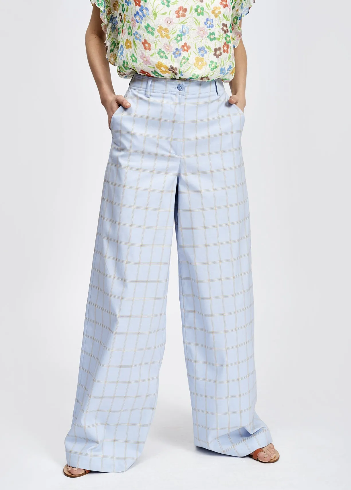 Light blue plaid wide leg trousers