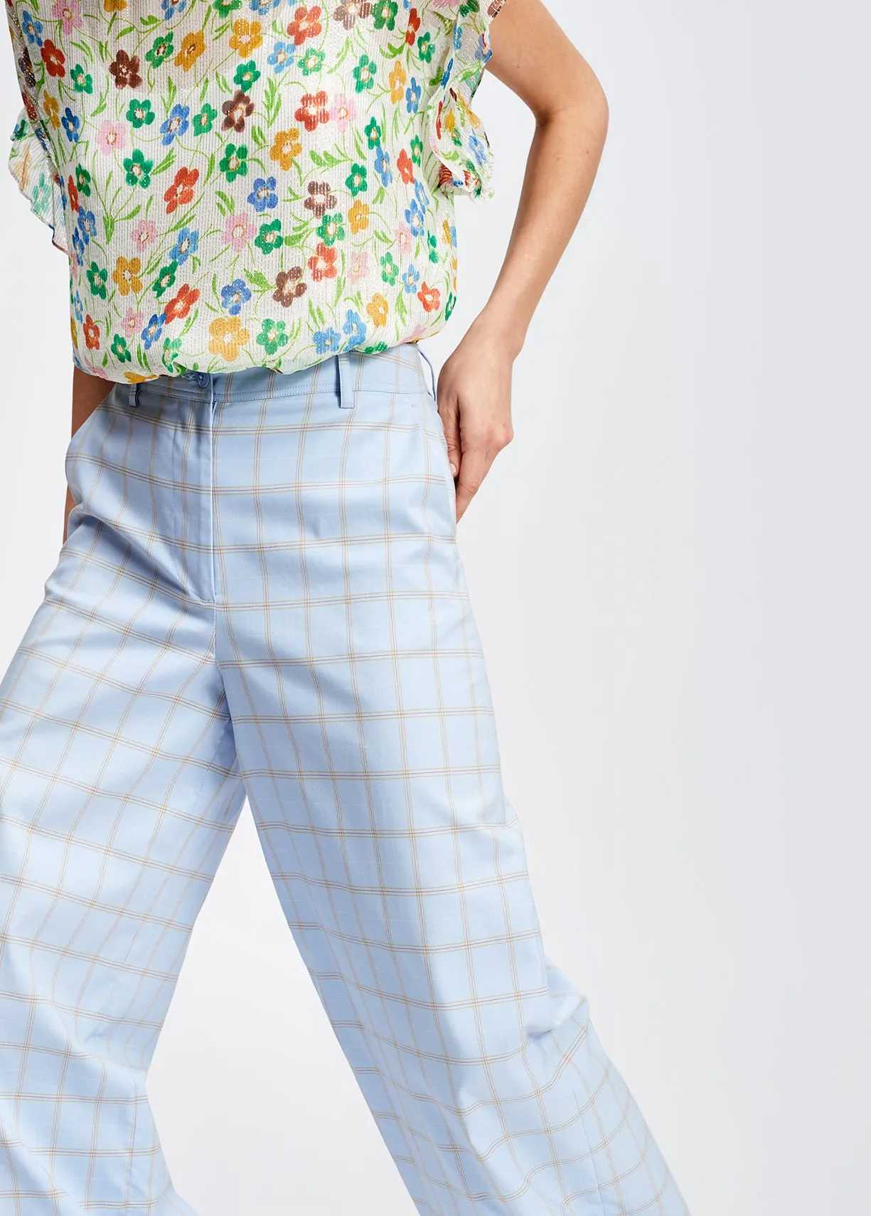 Light blue plaid wide leg trousers