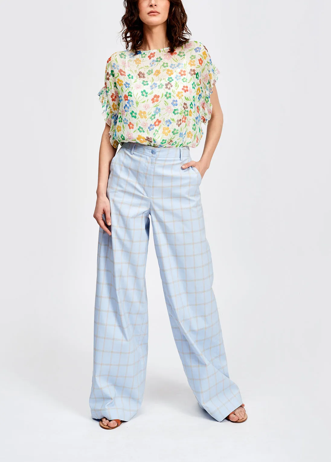 Light blue plaid wide leg trousers