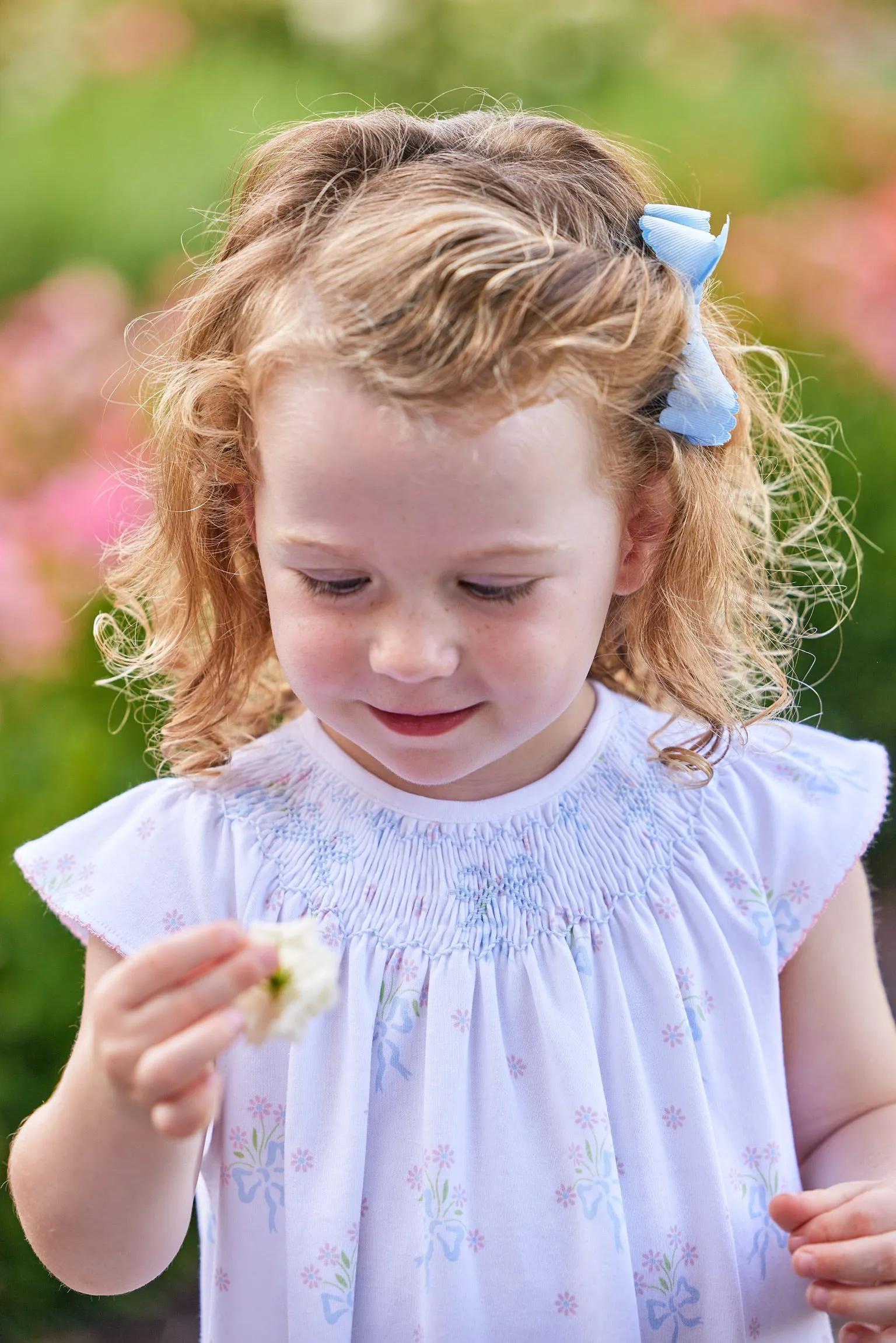 Little English: Smocked Bishop Dress - Blue Bow Bouquet