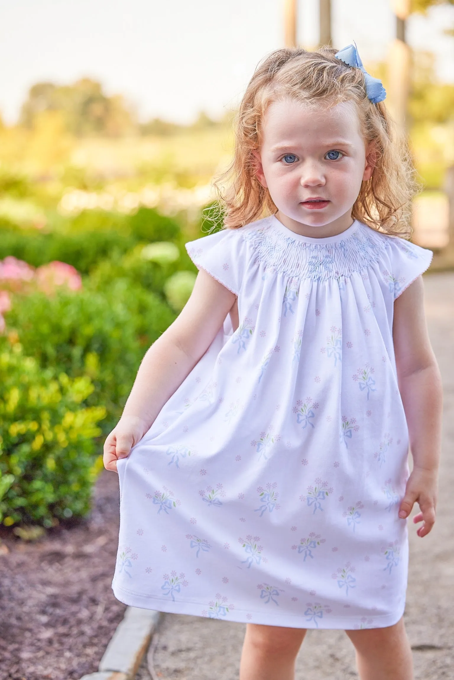 Little English: Smocked Bishop Dress - Blue Bow Bouquet
