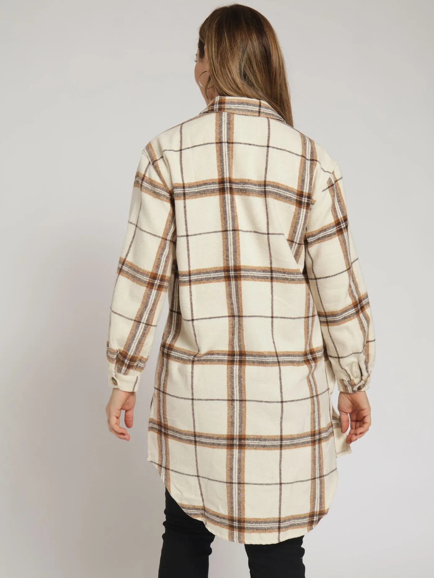 Long Sleeve Check Shacket - Cream