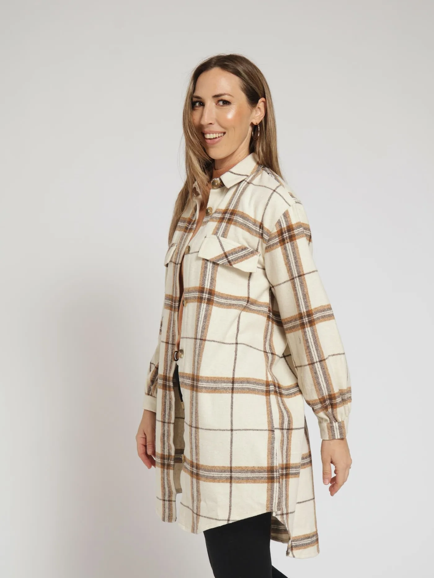 Long Sleeve Check Shacket - Cream