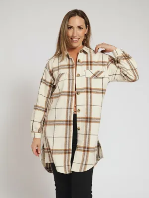 Long Sleeve Check Shacket - Cream