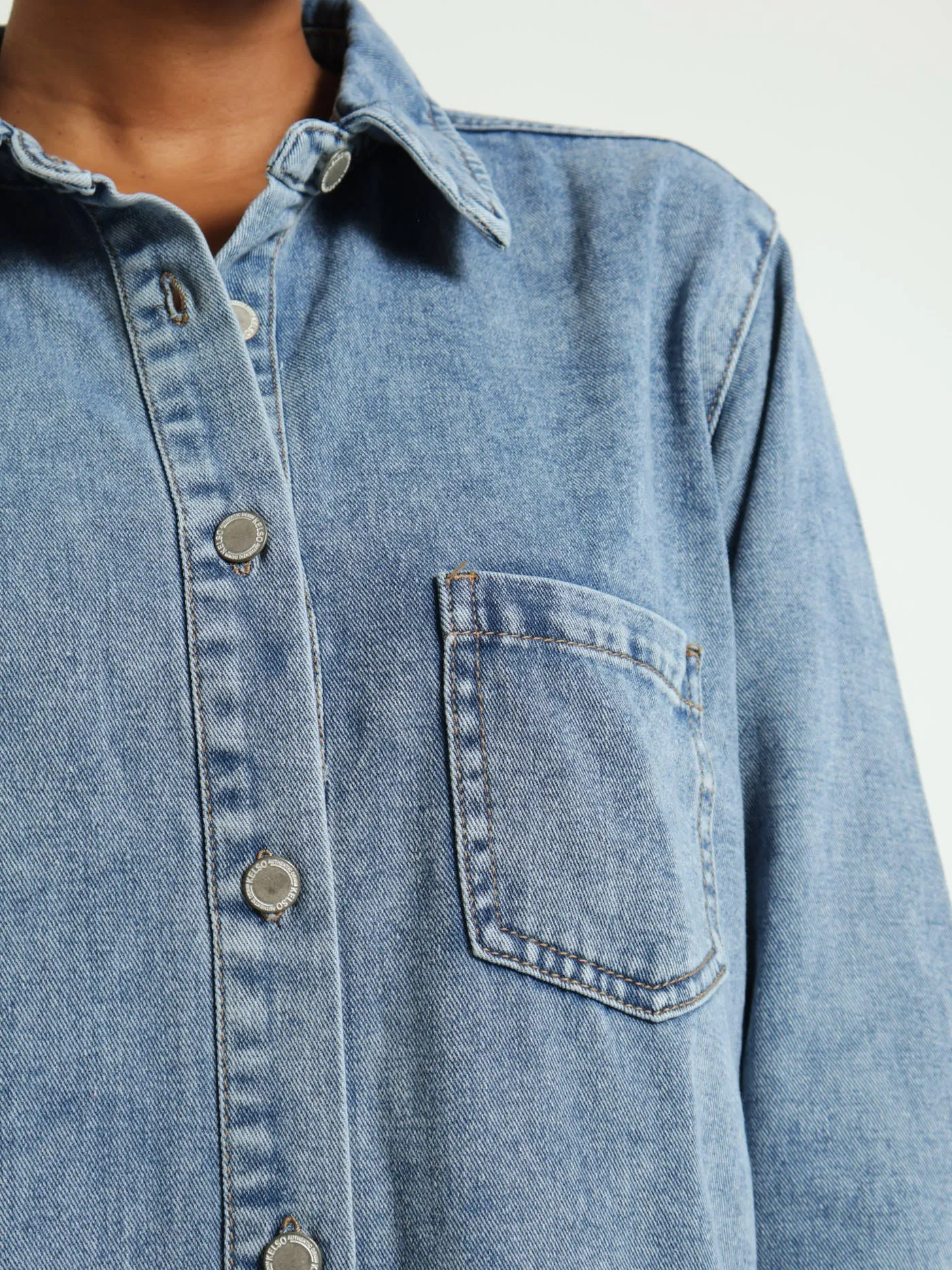 Long Sleeve Curved Hem Denim Shacket - Salty Mid Wash
