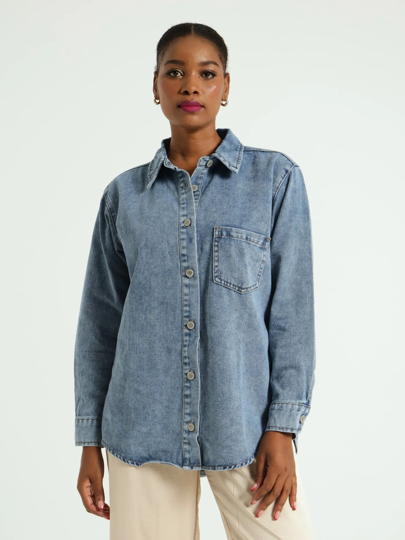 Long Sleeve Curved Hem Denim Shacket - Salty Mid Wash