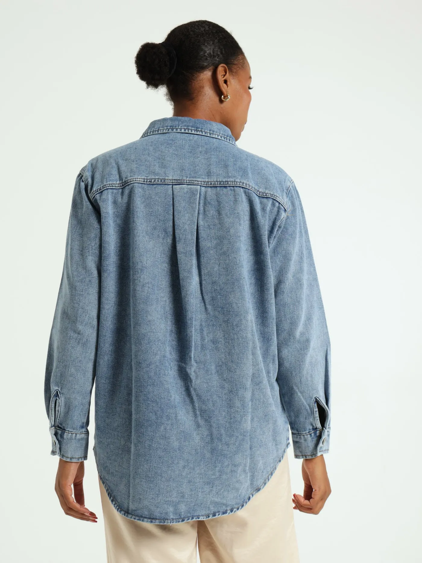 Long Sleeve Curved Hem Denim Shacket - Salty Mid Wash