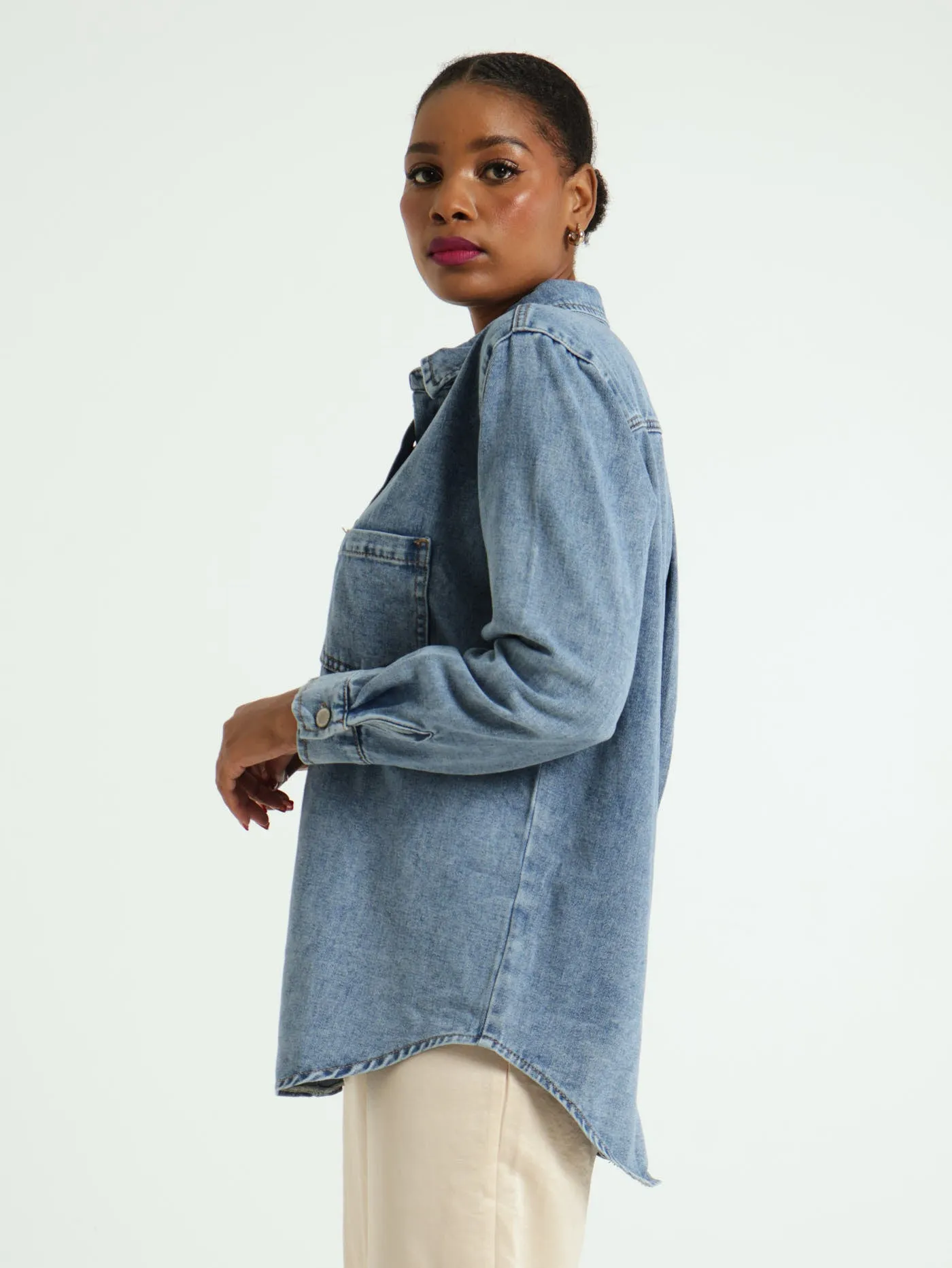 Long Sleeve Curved Hem Denim Shacket - Salty Mid Wash