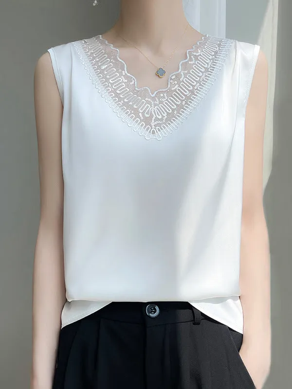 Loose Plus Size See-Through Solid Color Split-Joint Round-Neck Vest Top