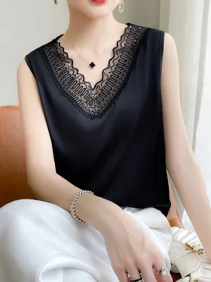 Loose Plus Size See-Through Solid Color Split-Joint Round-Neck Vest Top