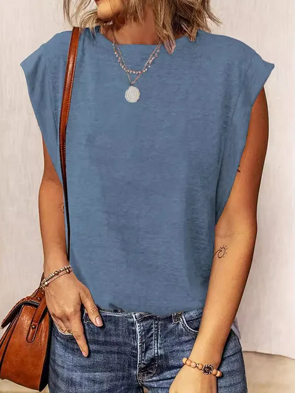 Loose Sleeveless Solid Color Split-Joint Round-Neck Vest Top