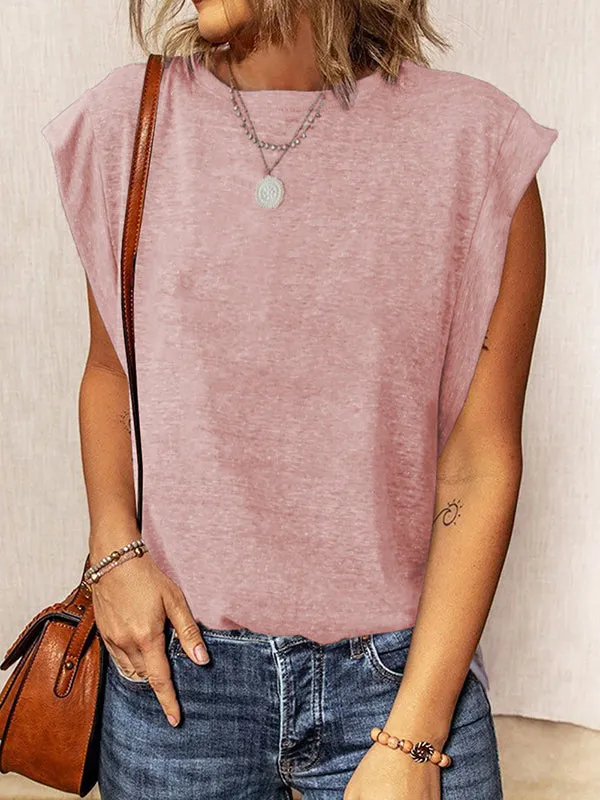 Loose Sleeveless Solid Color Split-Joint Round-Neck Vest Top