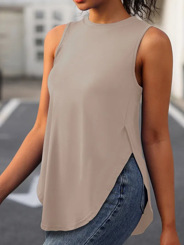 Loose Sleeveless Solid Color Split-Side Round-Neck Cover-Ups Tops Vest Top