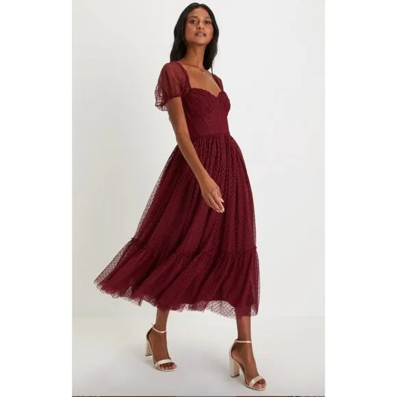Lulus Burgundy Tulle Swiss Dot Tiered Bustier Sweet Amor  Midi Dress Size L
