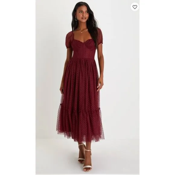 Lulus Burgundy Tulle Swiss Dot Tiered Bustier Sweet Amor  Midi Dress Size L