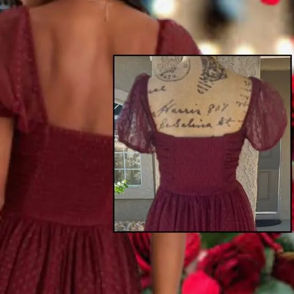 Lulus Burgundy Tulle Swiss Dot Tiered Bustier Sweet Amor  Midi Dress Size L